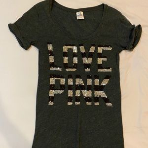 Love Pink Sequined Gray T Shirt XS